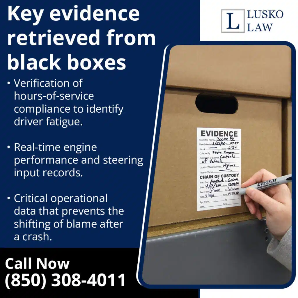 Infographic from Lusko Law listing key evidence retrieved from truck black boxes, featuring an evidence storage box.
