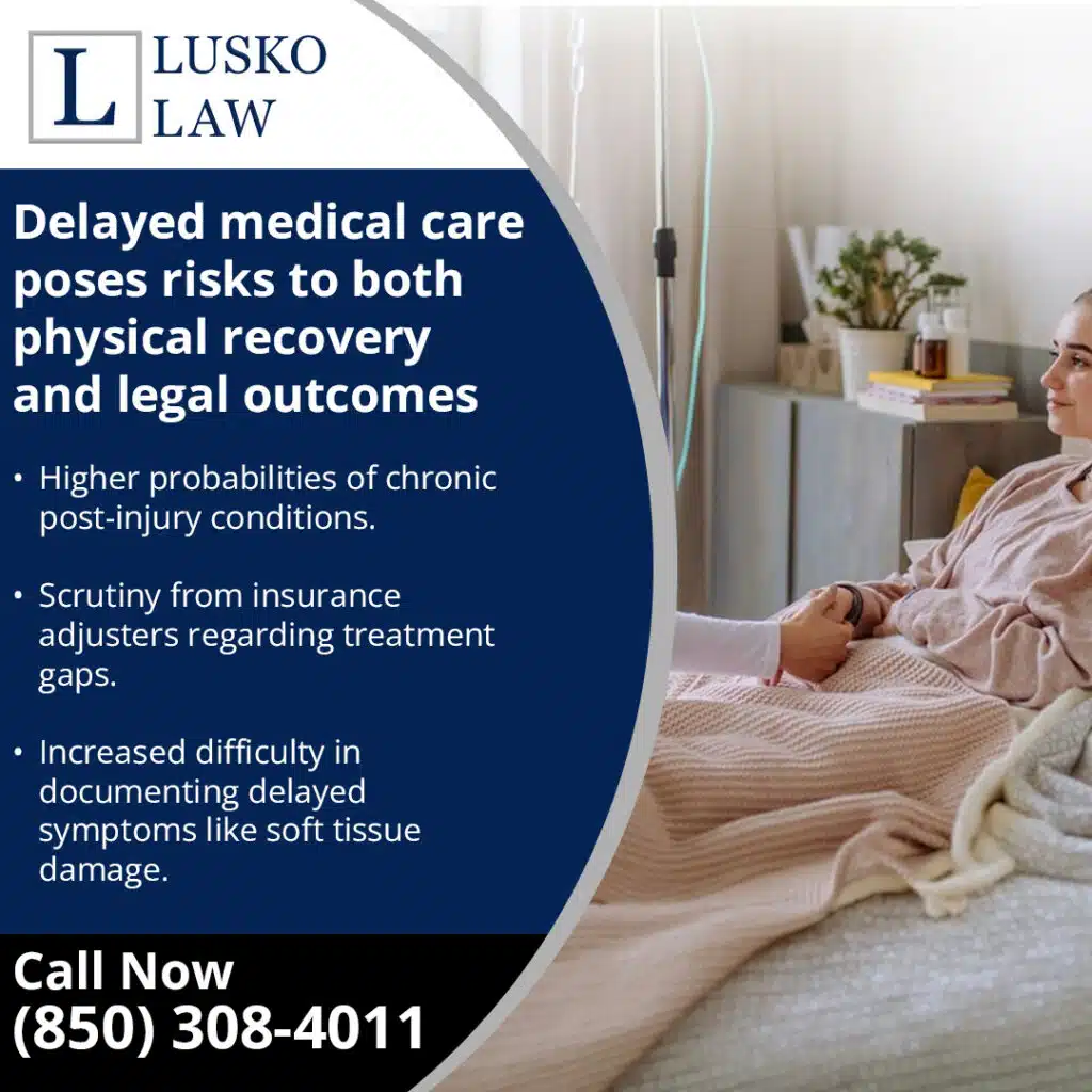 Infographic from Lusko Law detailing legal and physical recovery risks associated with delayed medical care.