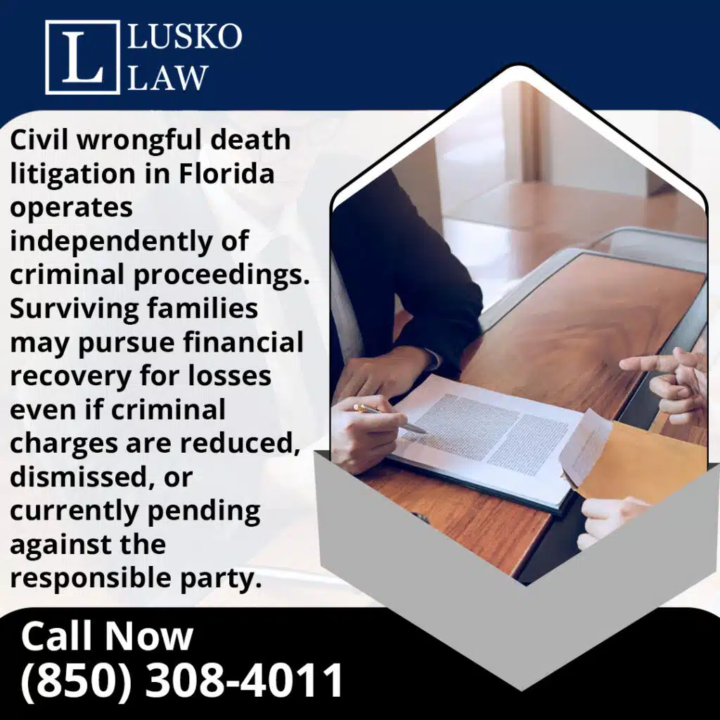 Graphic from Lusko Law explaining that civil wrongful death litigation in Florida operates independently of criminal charges.
