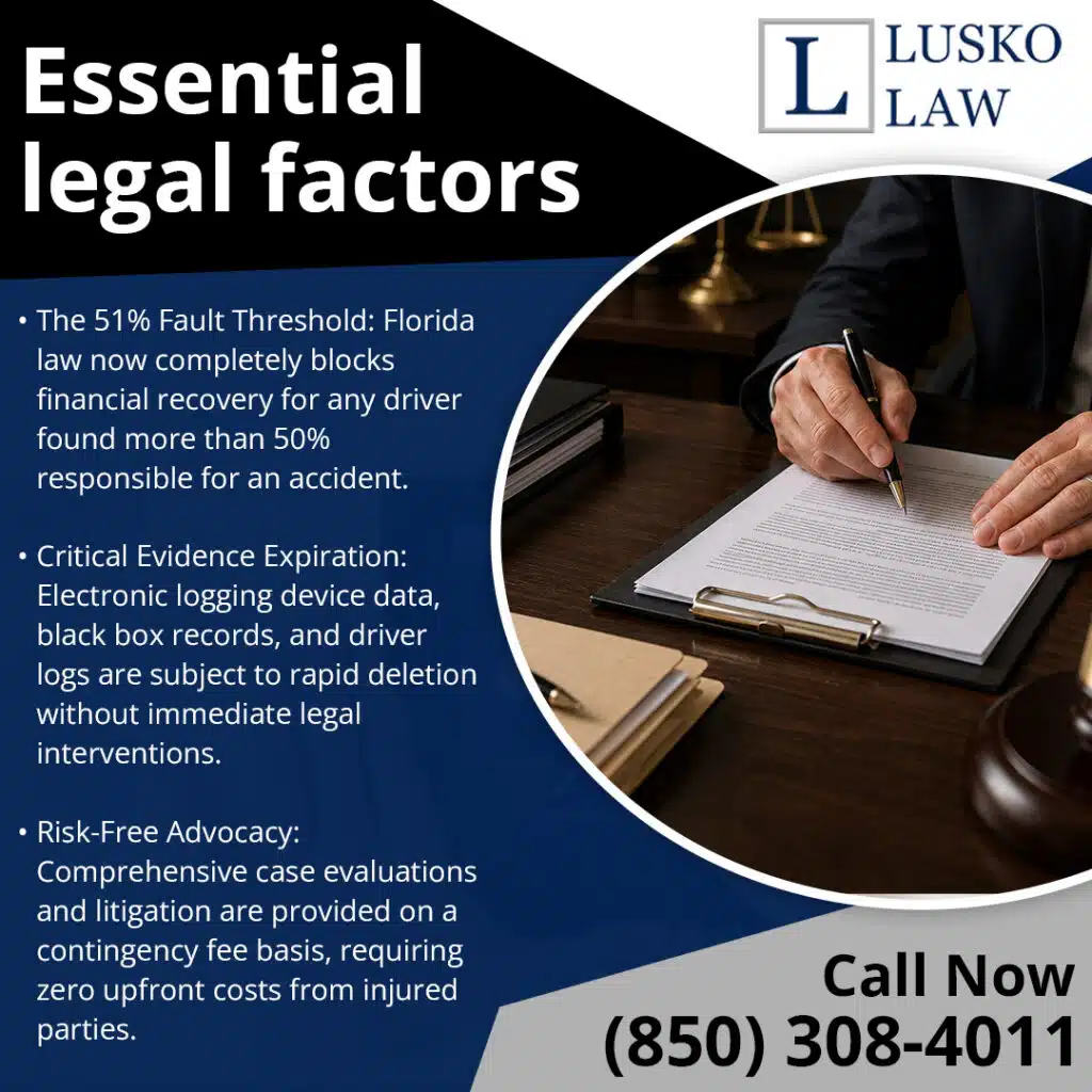 An attorney writing on legal documents at a desk next to bulleted text covering Florida's 51 percent fault threshold and contingency fee advocacy.