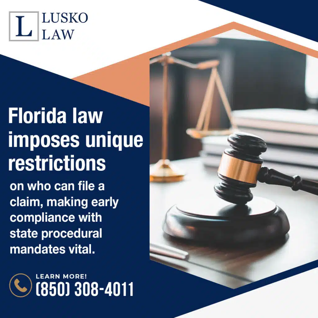 A wooden gavel and golden scales of justice on a desk with text explaining Florida's strict claim filing restrictions.