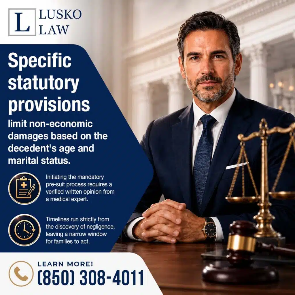 A lawyer at a desk behind a gavel and scale of justice with text explaining Florida's wrongful death statutory limits.