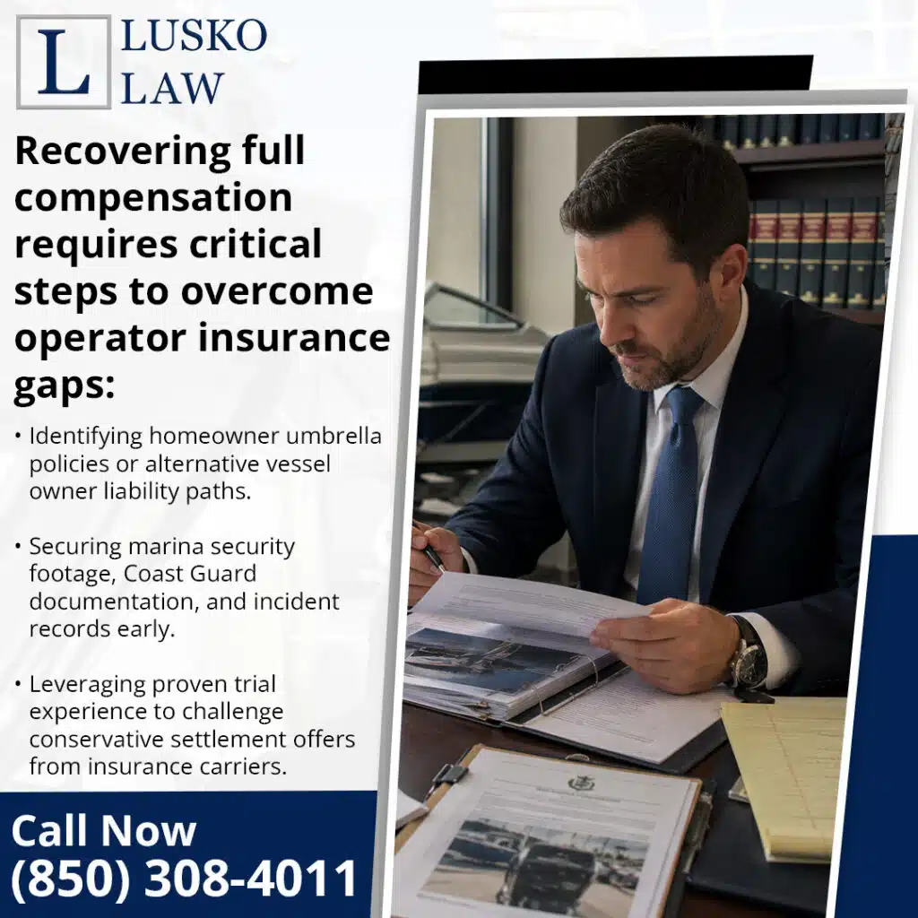 An attorney reviewing case files at his desk, detailing critical steps to overcome operator insurance gaps after a Florida boat accident.