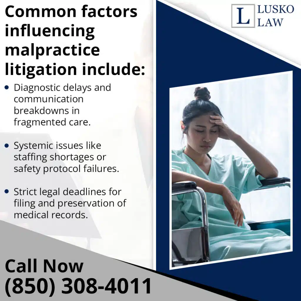 Infographic from Lusko Law listing common factors influencing medical malpractice litigation, showing a patient in a wheelchair.
