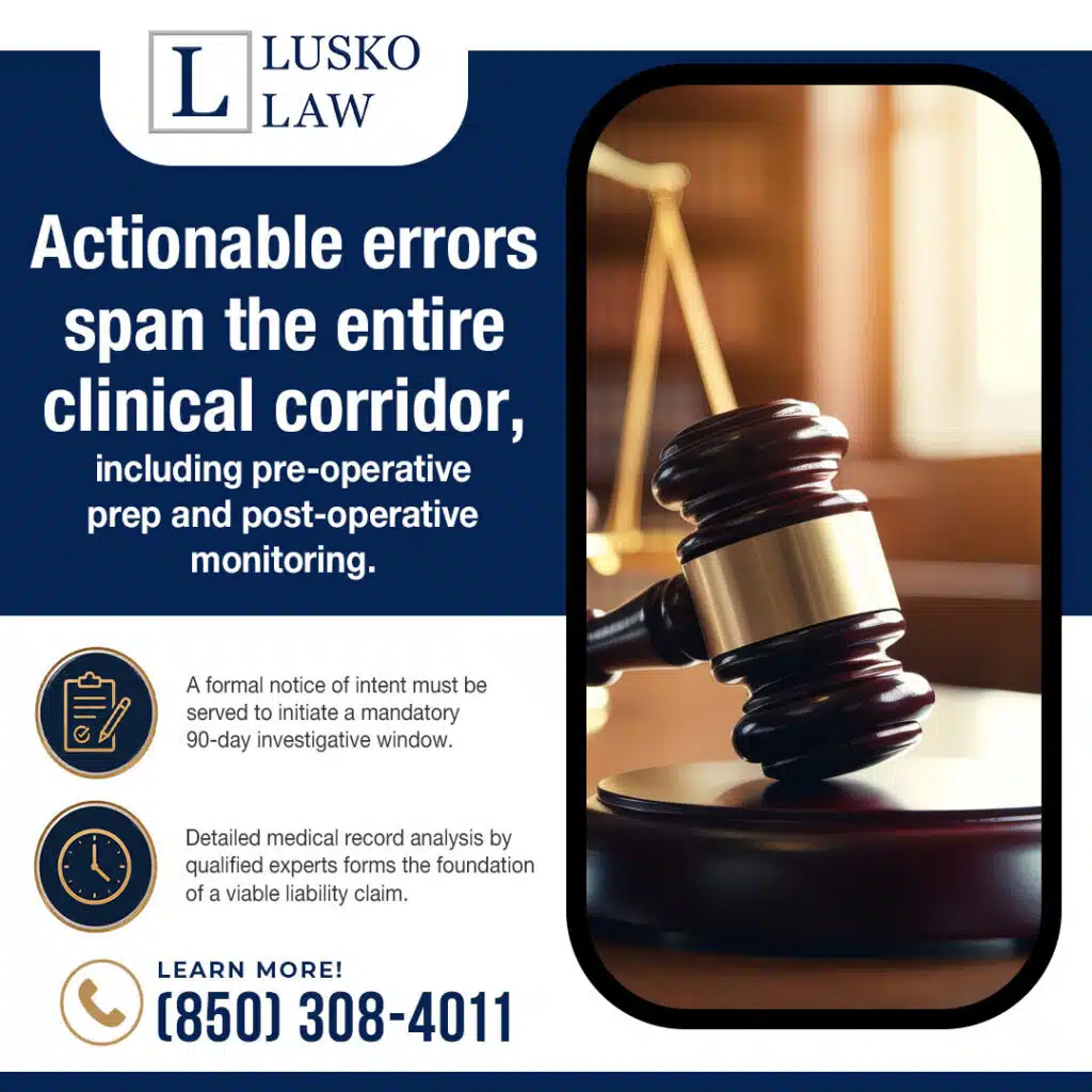 A wooden gavel on a sound block with scales of justice and text explaining the 90-day investigative window for clinical negligence claims.