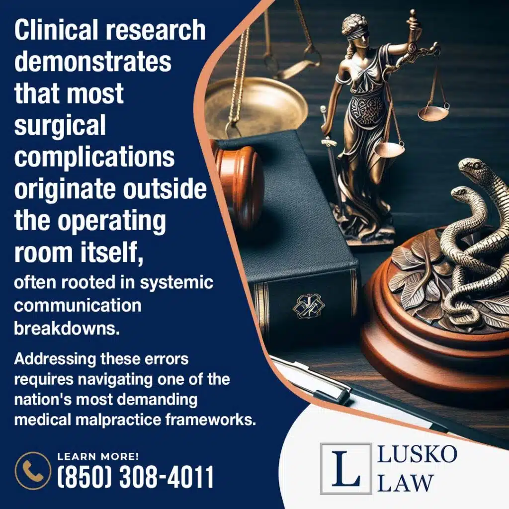 A Lady Justice figurine, a gavel, and a sculpture of coiling snakes on a wooden desk alongside text addressing surgical complications and medical malpractice laws.