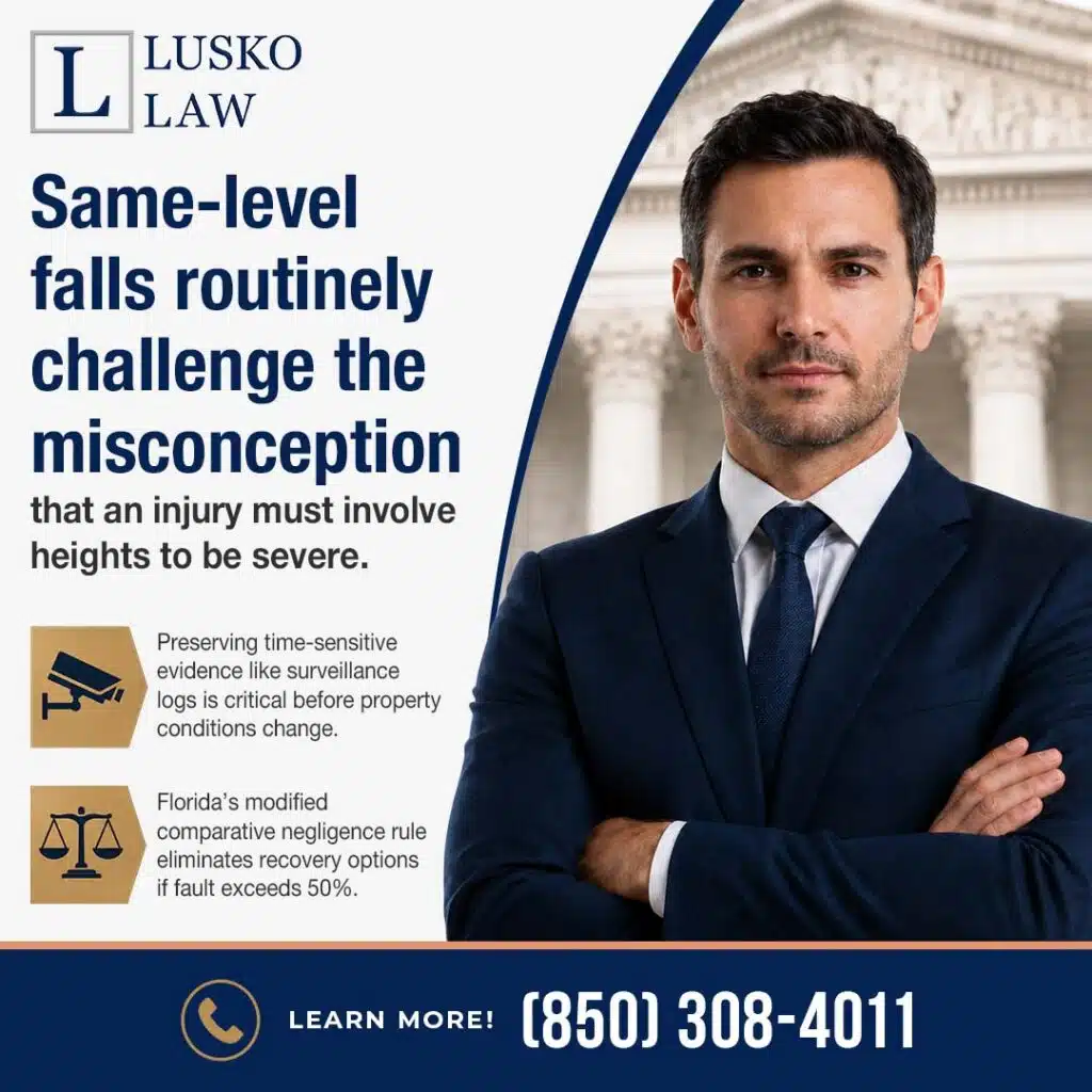 A lawyer in front of a courthouse with text explaining Florida's slip and fall laws and comparative negligence.