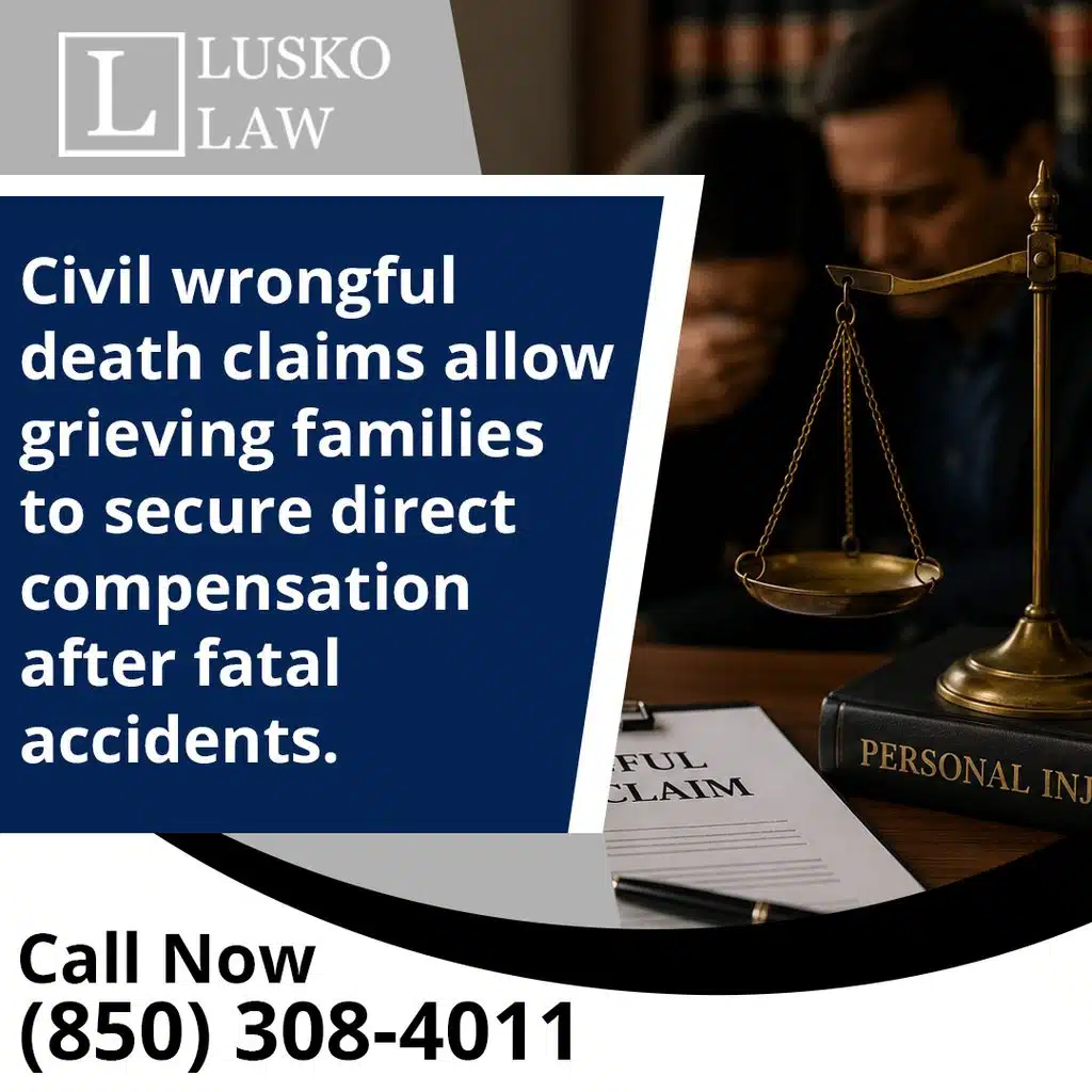 Scales of justice and wrongful death claim documents sitting on a desk with a grieving family consulting in the background, labeled with text explaining that civil wrongful death claims allow grieving families to secure direct compensation after fatal accidents, branded for Lusko Law.