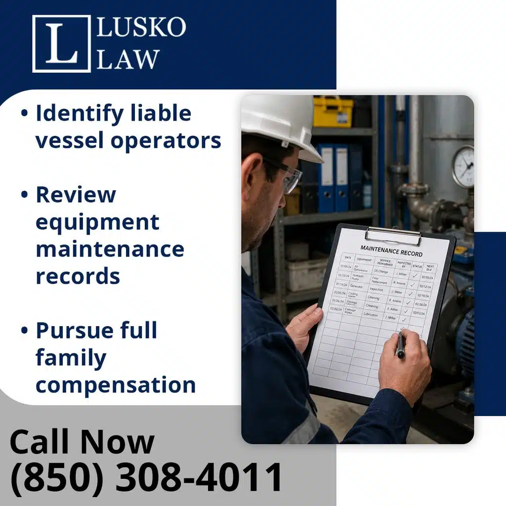 An inspector in a hardhat filling out a clipboard maintenance record in an industrial facility, alongside bullet points highlighting steps to identify liable vessel operators, review equipment maintenance records, and pursue full family compensation for Lusko Law.