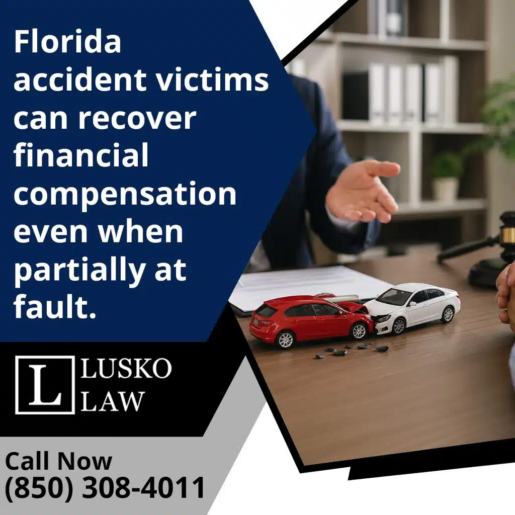 An attorney explaining a case using toy cars to demonstrate a vehicle collision scenario on a desk, with text stating that Florida accident victims can recover financial compensation even when partially at fault, branded for Lusko Law.