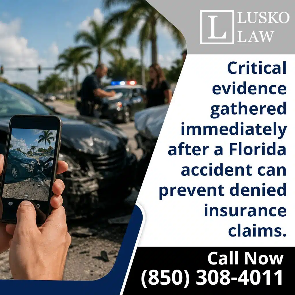 A person holding a smartphone taking photos of a car accident scene with police present in the background, labeled with text explaining that critical evidence gathered immediately after a Florida accident can prevent denied insurance claims, branded for Lusko Law.