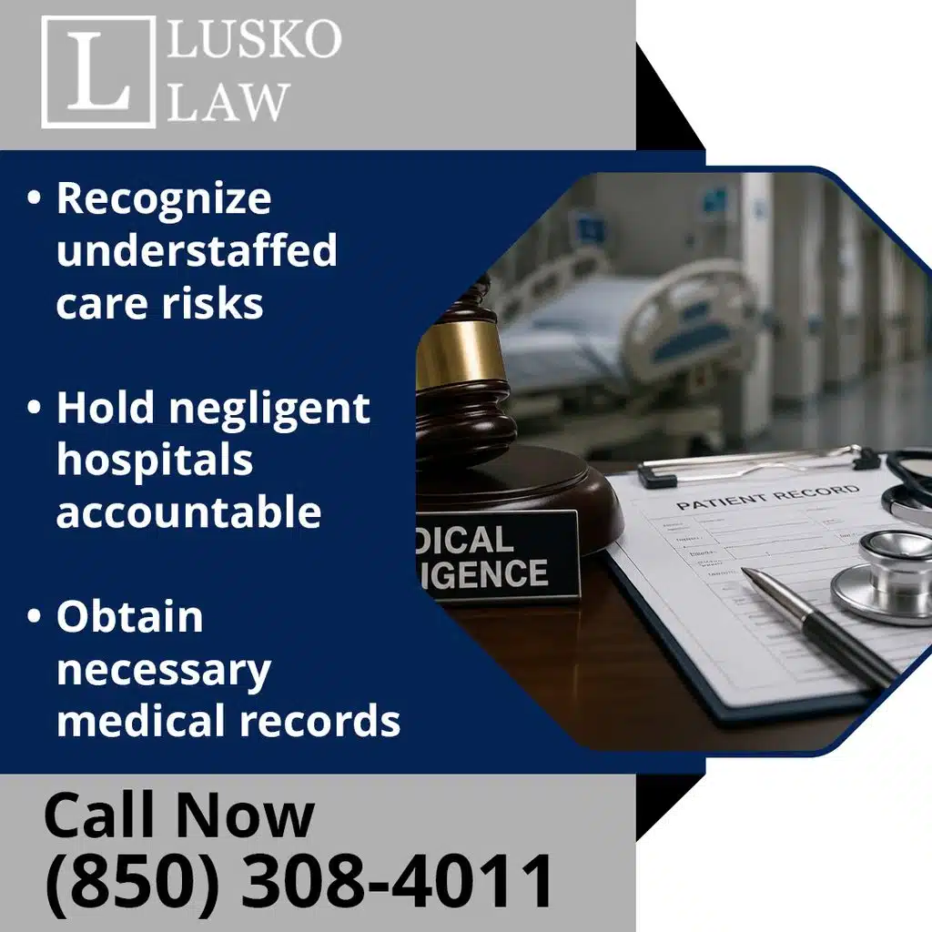 A judge's gavel beside a medical negligence sign and patient record clipboard with a stethoscope in a hospital setting, accompanied by bullet points urging to recognize understaffed care risks, hold negligent hospitals accountable, and obtain necessary medical records for Lusko Law.
