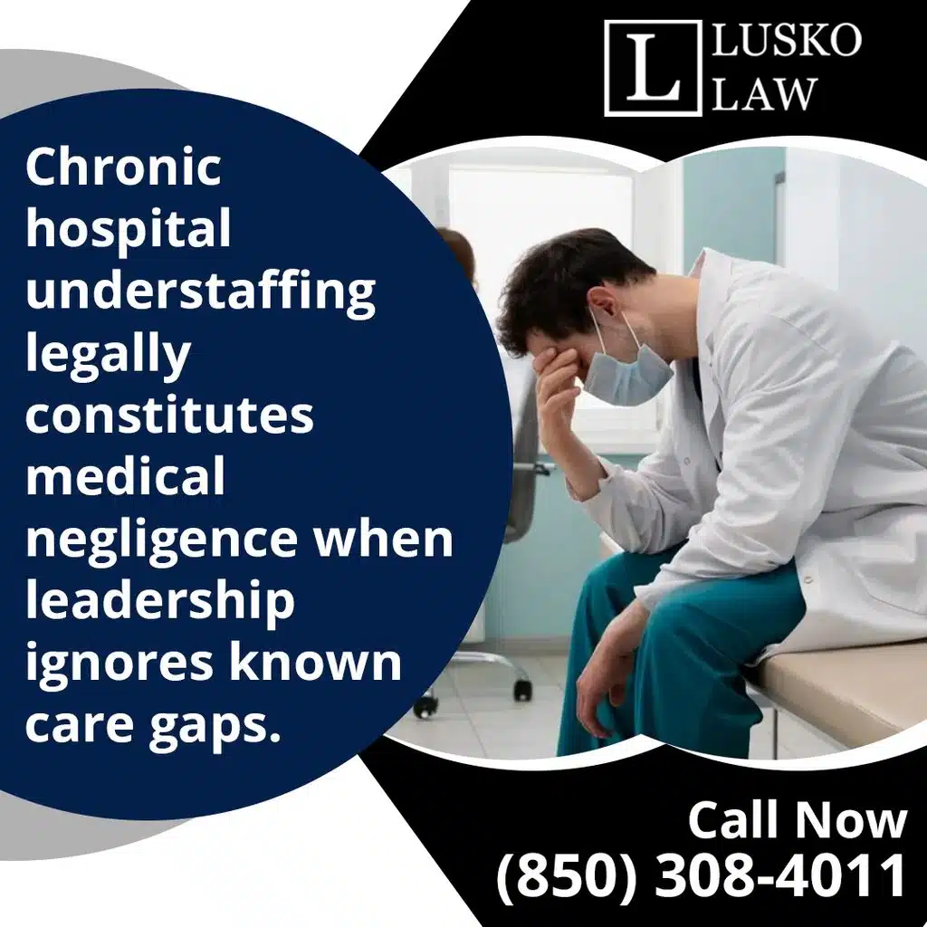 An exhausted medical doctor wearing scrubs and a mask sitting head-in-hand in a clinic room, with text explaining that chronic hospital understaffing legally constitutes medical negligence when leadership ignores known care gaps, branded for Lusko Law.