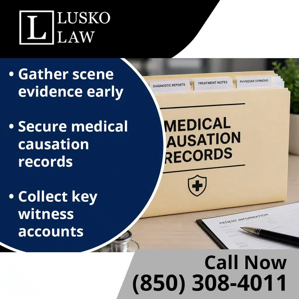 A medical file folder containing diagnostic reports, treatment notes, and physician opinions alongside patient information forms, with bullet points advising to gather scene evidence early, secure medical causation records, and collect key witness accounts for Lusko Law.