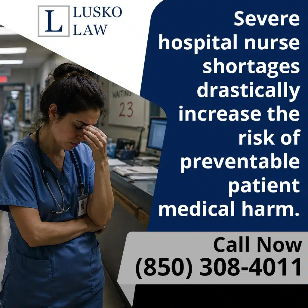 An exhausted female nurse in blue scrubs resting her hand on her forehead inside a hospital corridor, with overlay text warning that severe hospital nurse shortages drastically increase the risk of preventable patient medical harm, branded for Lusko Law.