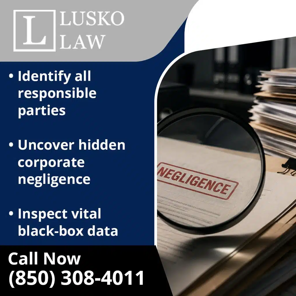 A magnifying glass over a document stamped "NEGLIGENCE" on a desk with stacked files, alongside bullet points emphasizing key legal actions: identify all responsible parties, uncover hidden corporate negligence, and inspect vital black-box data for Lusko Law.